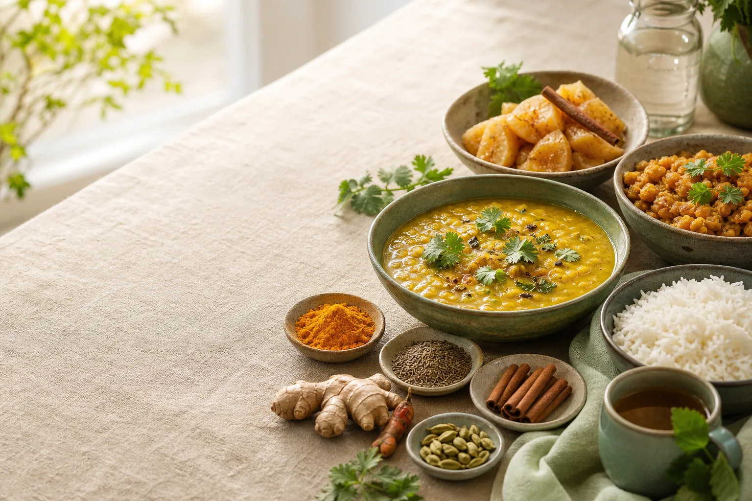 Ayurvedic meals with herbs and warming spices